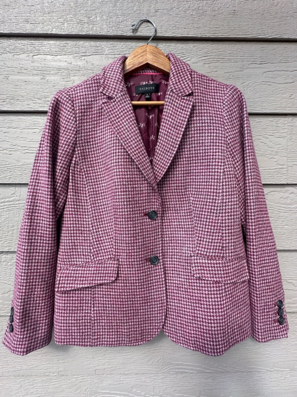 Talbots Wool Blend Tweed Blazer Pink Houndstooth Preppy Equestrian Lining Size 8